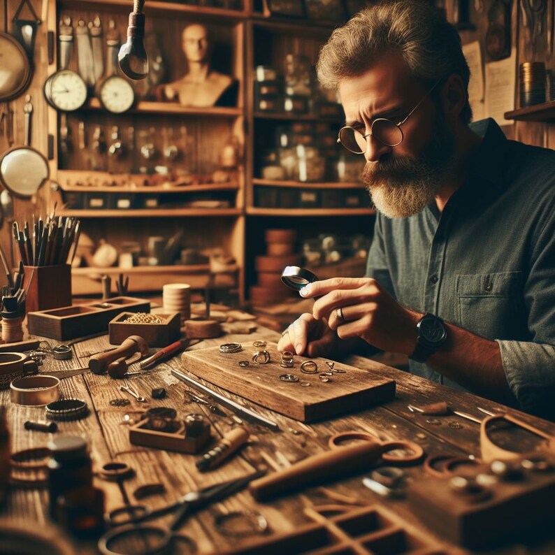 May include: A man wearing a blue shirt and glasses examines a collection of gold rings with a magnifying glass. The rings are spread out on a wooden table with other tools and supplies.