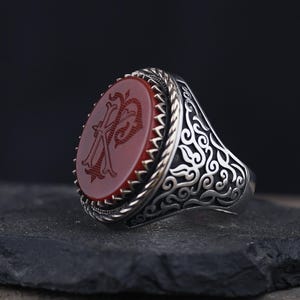 Anillo de plata de ley 925 para hombre con piedra de ágata marrón y grabado de letras personalizado, regalo personalizable para él, joyería hecha a mano