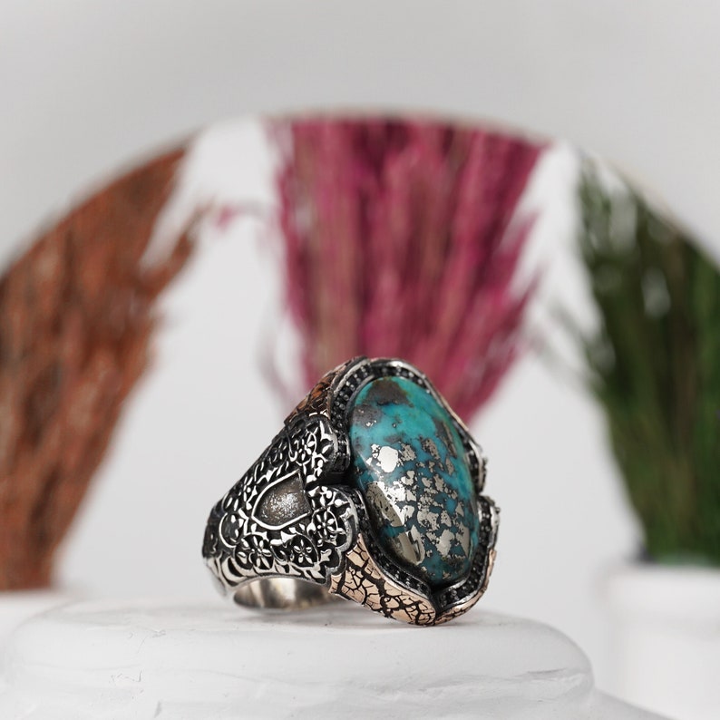 Alhambra Palace Design Genuine Turquoise Gemstone Sterling Silver Ring, Map Engraved Ring, Sterling Silver Ring, Raw Turquoise Gemstone image 1
