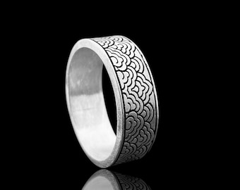 Cloud Pattern Silver Ring – Engraved 925 Sterling Band with Traditional Japanese Wave Motif – Handmade by Kuyumcuzade