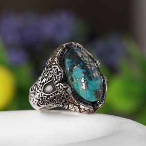 Alhambra Palace Design Genuine Turquoise Gemstone Sterling Silver Ring, Map Engraved Ring, Sterling Silver Ring, Raw Turquoise Gemstone image 3