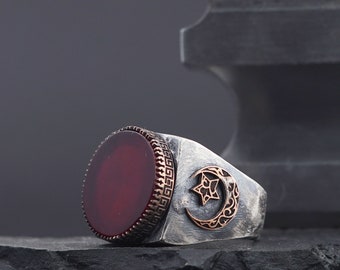 Antiqued Silver Ring, Red Fire Amber Stone, Crescent Star Symbols