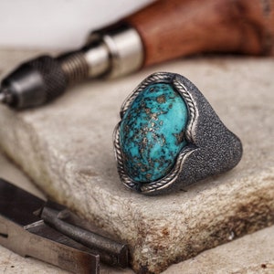 Large Oval Turquoise Silver Ring, Genuine Natural Turquoise Signet, Handmade Men&#39;s Statement Jewelry