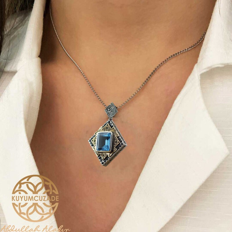 Mens Blue Topaz Necklace Sterling Silver Necklace King Chain