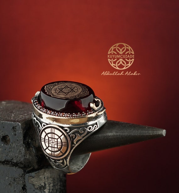 Sello unico de Salomon rojo ambar piedra hombres anillo de plata anillo de sello de Salomon anillo de plata joyeria de plata anillo de plata hecho a mano de piedra roja