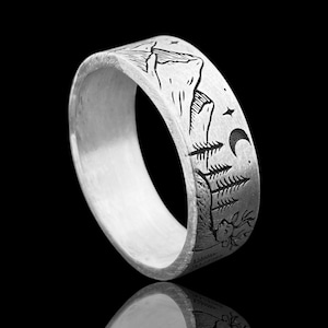 Sterling Silver Nature Ring for Men, Mountain Forest Scene Band, Moon and Trees Engraved Silver Ring, Wilderness Jewelry by kuyumcuzade