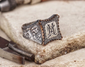 Men's Silver Monogram Ring, Custom Intertwined Letters, Handcrafted Mystical Style Jewelry, Personalized Square Signet