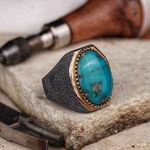 Large Oval Turquoise Silver Ring, Genuine Natural Turquoise Signet, Handmade Men&#39;s Statement Jewelry