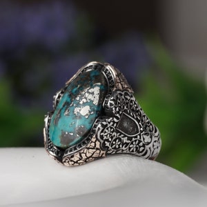 Alhambra Palace Design Genuine Turquoise Gemstone Sterling Silver Ring, Map Engraved Ring, Sterling Silver Ring, Raw Turquoise Gemstone image 4