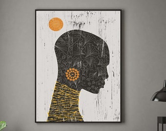 African American Woman, Black woman portrait, Black orange ethnic, Modern collage, Contemporary poster, Minimalist Art