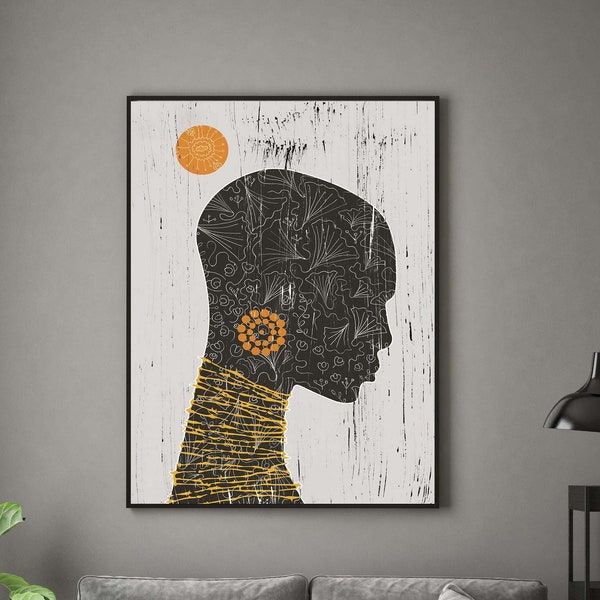 Femme afro-américaine, Portrait de femme noire, Ethnique noir orange, Collage moderne, Affiche contemporaine, Art minimaliste