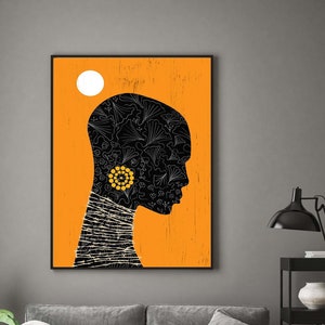 African Woman Print, Black orange abstract artwork, Black woman portrait, Modern collage, Contemporary poster, Minimalist Art