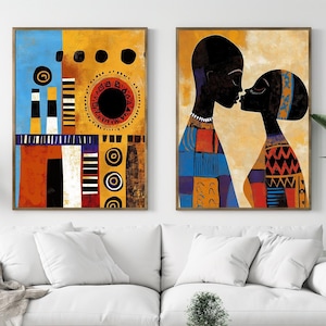 Abstract African Couple Art Prints, Terracotta Green Ethnic Wall Decor (Fine Art Print)