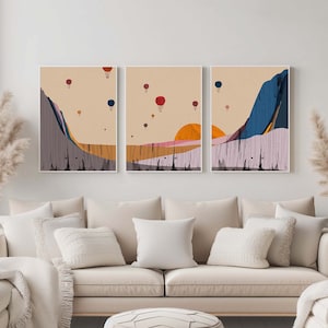 Hot Air Balloon Wall Art Set of 3 Prints, Colorful Mountain Poster Modern Bohemian Home Interior Scandinavian Art landscape Triptych