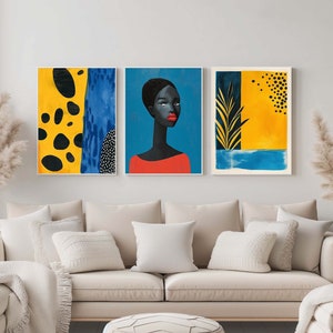 African American Woman Wand Kunst 3er-Set Print, schwarze Frau Poster, moderne bunte ethnische Collage, Afrocentric Décor, Afro Boho Kunstwerk