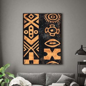 African Ethnic Pattern Art Print, Afro American Tribal Geometric Wall Art, Modern Boho Terracotta Decor, Minimalist Black Orange collage