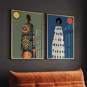 Afrikanische Kunst - Schwarze Frau und Mann Wandkunst Set, Afro-Boho-Dekor, Schwarzes Paar Plakat, Paar in Farbe Kunst, helle afrikanische Kunst