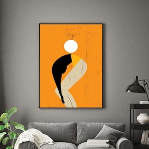 Female body art, Abstract Female silhouette, Woman body print,  Female figure illustration, Minimalist Orange Wall Art Print