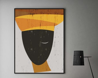 African Ethno woman, Yellow Black Orange Abstract Artwork, Woman Portrait, Modern Collage, Contemporary Poster, Minimalist Wall Art Print