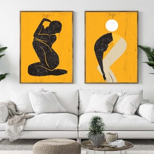 Abstract Female Figure Wall Art Set 2 Prints, Black Woman Body Poster Woman Silhouette Picture Figures of Dancing Women, Feminine Beauty Art