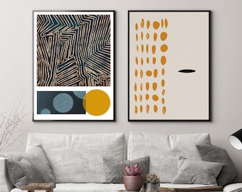 Mid Century Modern Geometric Print Set: Mustard Yellow, Minimalist Wall Art