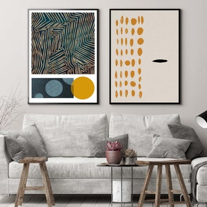 Abstract Geometric Print, Mid Century Wall Art, Apartment Decor, Gallery Wall, Shape Art, Mustard Yellow Dots, Minimalist Set of 2 Prints