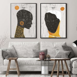Abstract African Face Wall Art, Modern Black Artwork, Man Woman Portrait, Orange Ethnic Abstraction, African American Large Wall Art