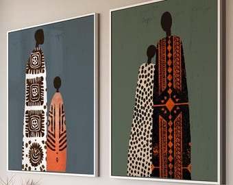 May include: Two framed art prints featuring abstract figures in patterned robes. One print has a teal background with a figure in a white and brown patterned robe and a smaller figure in an orange robe. The other print has a green background with figures in black and white and black and orange robes.