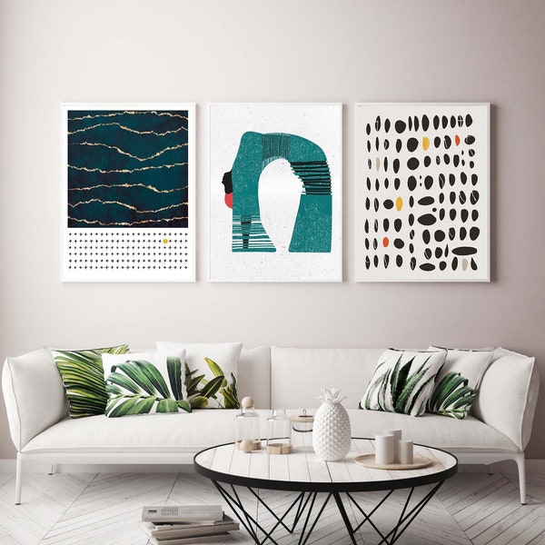 African Woman in Turquoise Dress, African Art, Abstract Woman Body Art Print, Minimalist Dots Poster, Mid century Fine Art