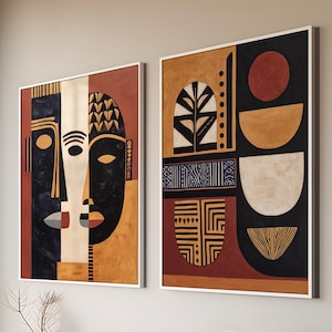 African Abstract Wall Art, Afrocentric Geometric Print, Modern Tribal Face, Earth Tone Wall Decor – Canvas or Paper