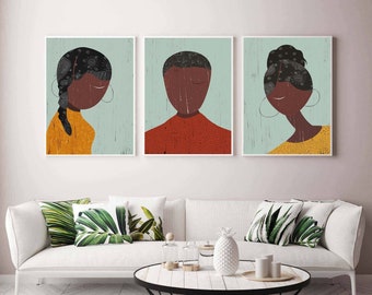 Custom portraits of Black Family, African American Wall Art, Black Boy and Girls, Black woman Art Print, Black Family Portrait, Set of 3