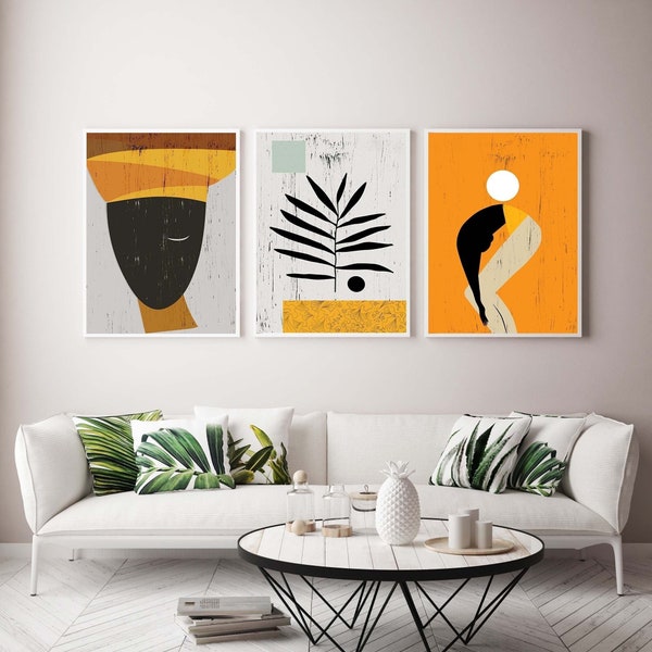 African American Woman Portrait, Ethno motive Wall Art Set, Abstract African Art, Dancing woman, Contemporary collage, Minimalist Artwork