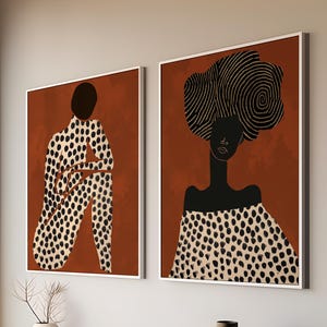 Abstract African Woman Wall Art Set Black Woman Portrait Fashion African American Decor Modern Afrocentric Terracotta Print