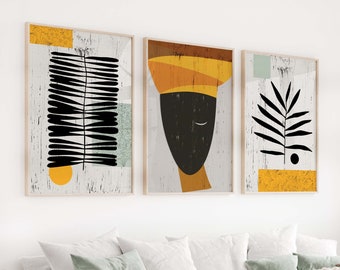 Black African Ethnic Wall Art Set, African American Woman Portrait, Black Orange Afro Motive Print, Minimalist collage, Afro Bohemian Art