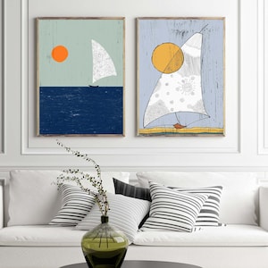 Minimalist Sailing Boat Wall Art, Nordic Boat Nautical Prints, Scandinavian Blue Seaside Wall Art, Set of 2 Modern Scenery Art, Home Decor