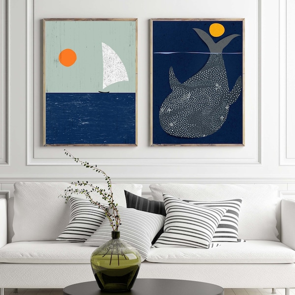 Sailing Boat Print I I Blue Whale Print I Nautical Wall Art Poster I Nordic Wall Art I Sea Ocean Print, Whale Art I Minimalist Set of 2