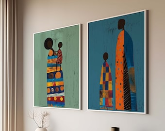 Modern African Family Wall Art, Afrocentric Bohemian Art, African American Tribal Poster, Black women