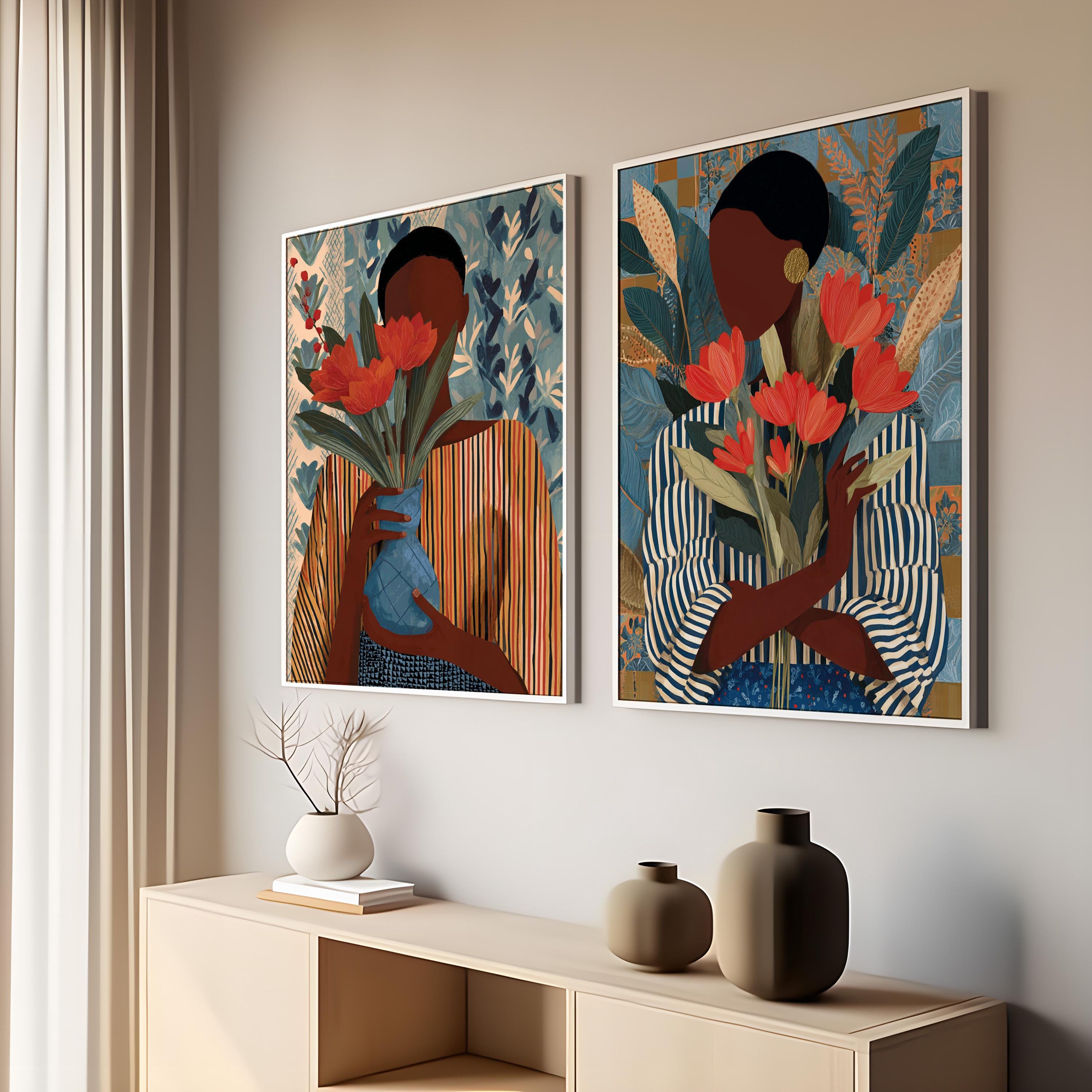 African Wall Art | Black Woman Flower Print | Large Decor Art | Afrocentric Woman Sofa Art | Girl Flowers Poster | Flower Woman Painting