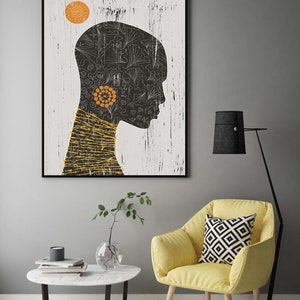 May include: A black and white illustration of a person's face with a yellow and black necklace. The background is a white canvas with a yellow circle in the top left corner.