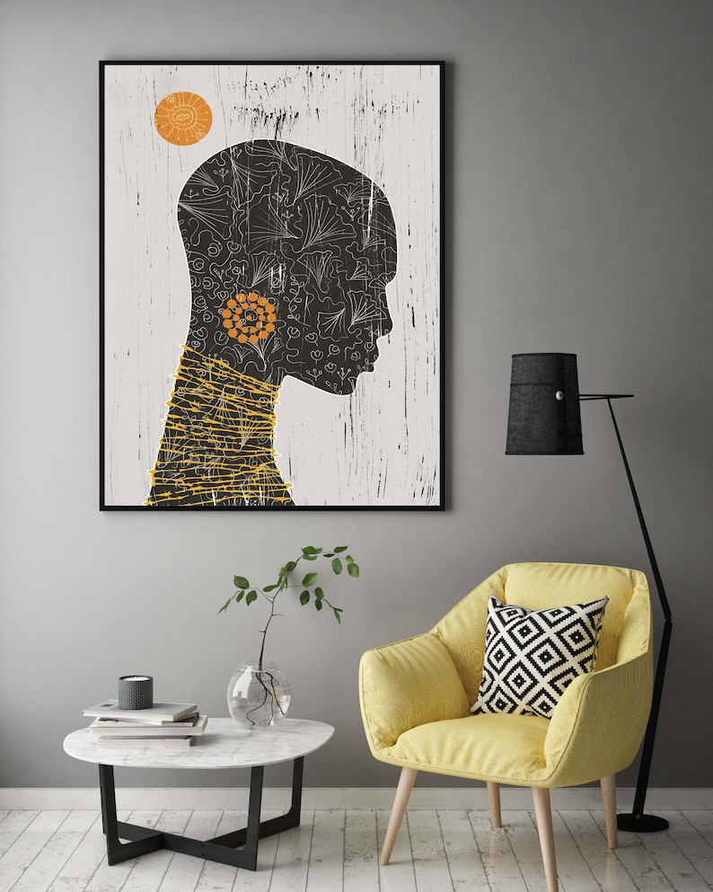 May include: A black and white illustration of a person's face with a yellow and black necklace. The background is a white canvas with a yellow circle in the top left corner.