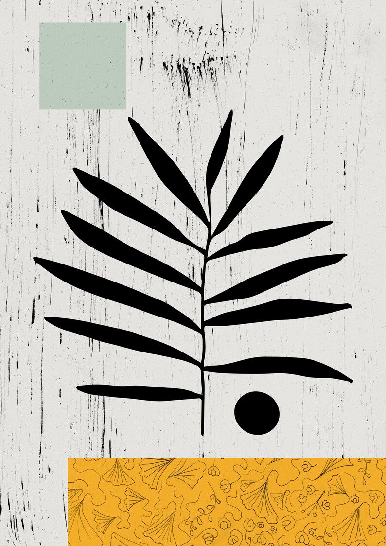 May include: Abstract art print featuring a black silhouette of a palm leaf with a black circle on a white background. The bottom of the print features a yellow background with a black floral pattern.