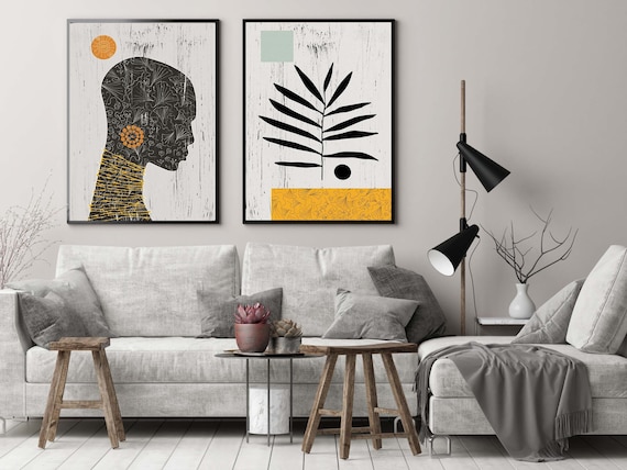 Black Woman Portrait Print Set: Mustard Yellow Abstract Art
