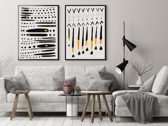 Mid Century Black White Orange Set Prints, Minimalist