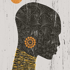 May include: A black silhouette of a person's head and neck with a white floral pattern. The person is wearing a gold necklace with a circular orange design on the side of their neck.