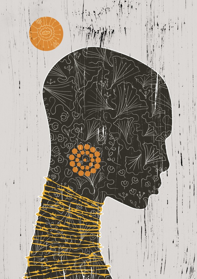 May include: A black silhouette of a person's head and neck with a white floral pattern. The person is wearing a gold necklace with a circular orange design on the side of their neck.