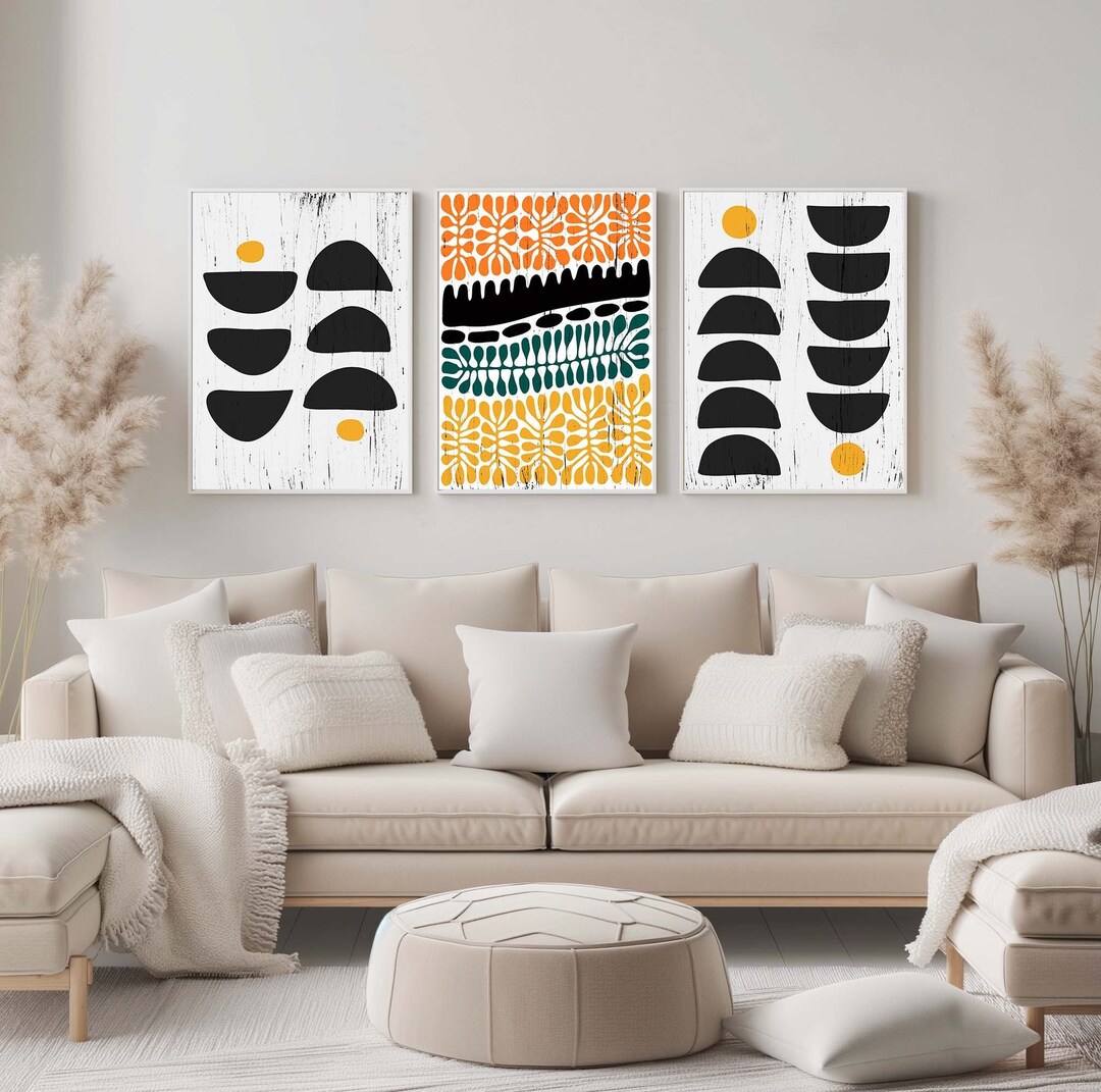 Mid Century Modern Geometric Wall Art Set of 3 Piece, Black Yellow Boho ...
