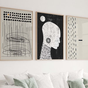 Abstrakte schwarzafrikanische Frau Kunstset mit 3 Drucken, schwarz-weiße afroamerikanische Wandkunstplakat, Monochrome ethnische afrikanische Galeriewandset