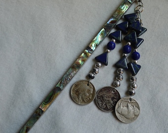 Unique Vintage Abalone Hair Stick w/ Lapis Beads & Buffalo Nickles