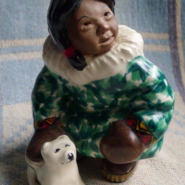 C. Alan Johnson 'Unnamed' Inuit/Eskimo Ceramic Girl w/Puppy Figure Vintage Alaska 1962