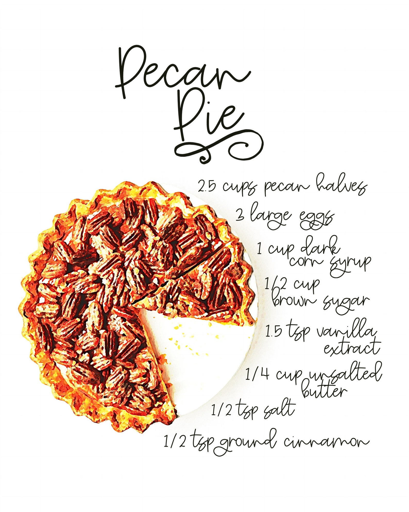 Pecan Pie Recipe Printable Thanksgiving Dessert Kitchen | Etsy